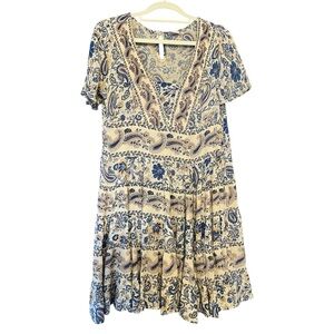 BILA Women’s Blue & Cream Paisley Tiered Boho Western Beachy Dress Size Small